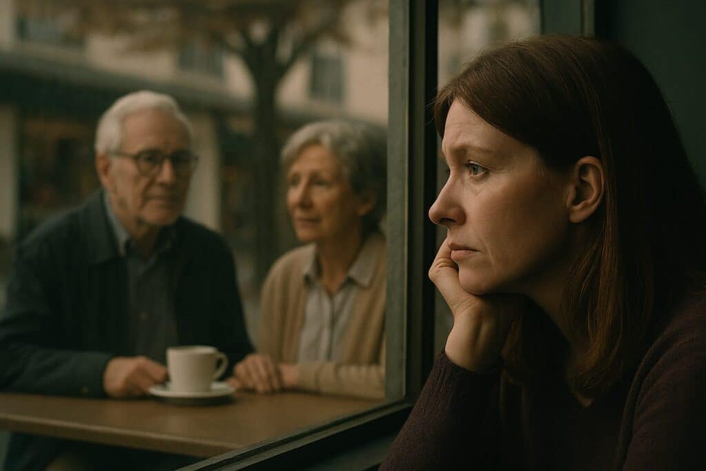 Frau im mittleren Alter schaut aus einem Fenster. Dahinter sind - unscharf - ein älteres Paar (vielleicht die Eltern) an einem Tisch mit Kaffeetasse zu sehen.